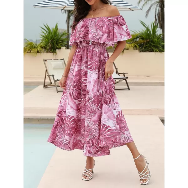 imageCUPSHE Womens Dresses for Summer A Line Dresses Off Shoulder Ruffle Maxi Tropical Printed DressPink