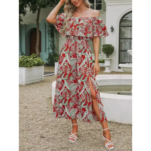 imageCUPSHE Womens Dresses for Summer A Line Dresses Off Shoulder Ruffle Maxi Tropical Printed DressRed Leaf