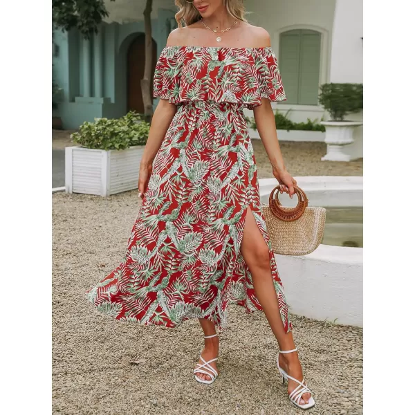 imageCUPSHE Womens Dresses for Summer A Line Dresses Off Shoulder Ruffle Maxi Tropical Printed DressRed Leaf