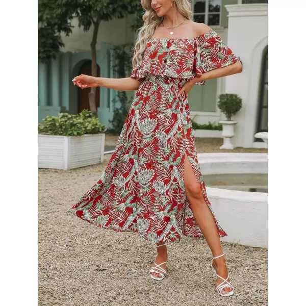 imageCUPSHE Womens Dresses for Summer A Line Dresses Off Shoulder Ruffle Maxi Tropical Printed DressRed Leaf