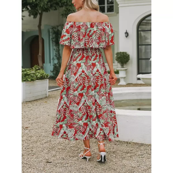 imageCUPSHE Womens Dresses for Summer A Line Dresses Off Shoulder Ruffle Maxi Tropical Printed DressRed Leaf