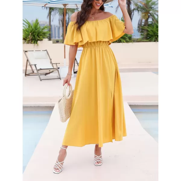 imageCUPSHE Womens Dresses for Summer A Line Dresses Off Shoulder Ruffle Maxi Tropical Printed DressYellow