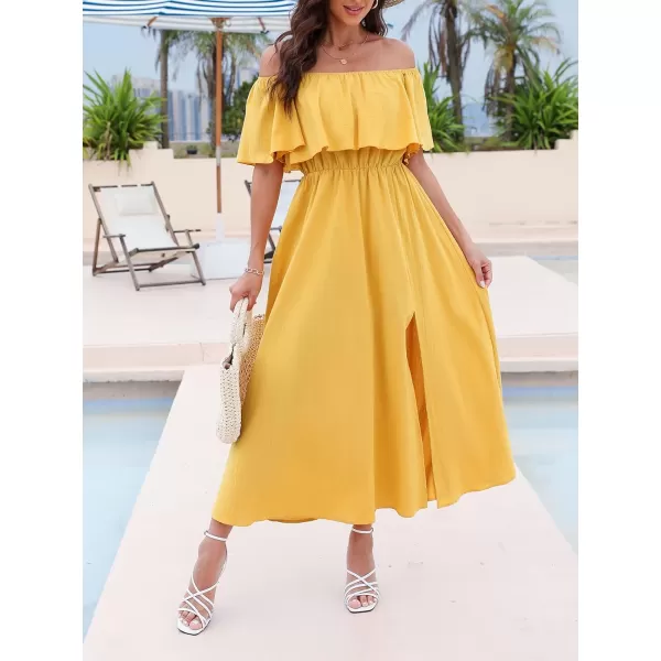 imageCUPSHE Womens Dresses for Summer A Line Dresses Off Shoulder Ruffle Maxi Tropical Printed DressYellow