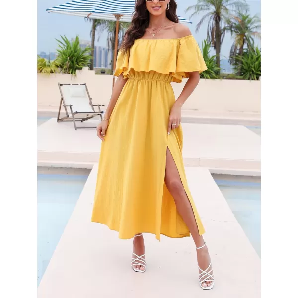 imageCUPSHE Womens Dresses for Summer A Line Dresses Off Shoulder Ruffle Maxi Tropical Printed DressYellow