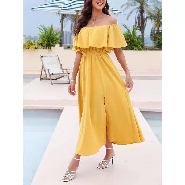 imageCUPSHE Womens Dresses for Summer A Line Dresses Off Shoulder Ruffle Maxi Tropical Printed DressYellow