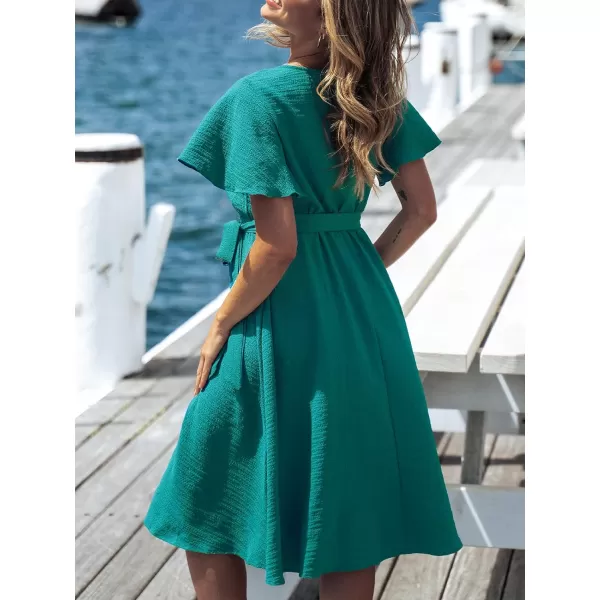 imageCUPSHE Womens Dresses for Summer V Neck Solid Belt Short Sleeve Knee Length Beach DressTeal