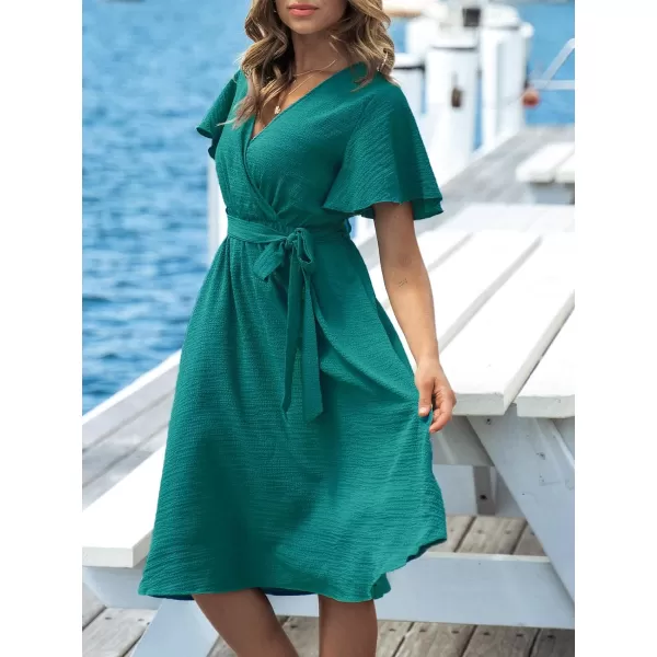 imageCUPSHE Womens Dresses for Summer V Neck Solid Belt Short Sleeve Knee Length Beach DressTeal