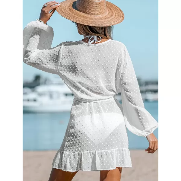 imageCUPSHE Womens Elegant V Neck Bathing Suit Cover Up Button Down Summer Beach Mini Dress with BeltWhite