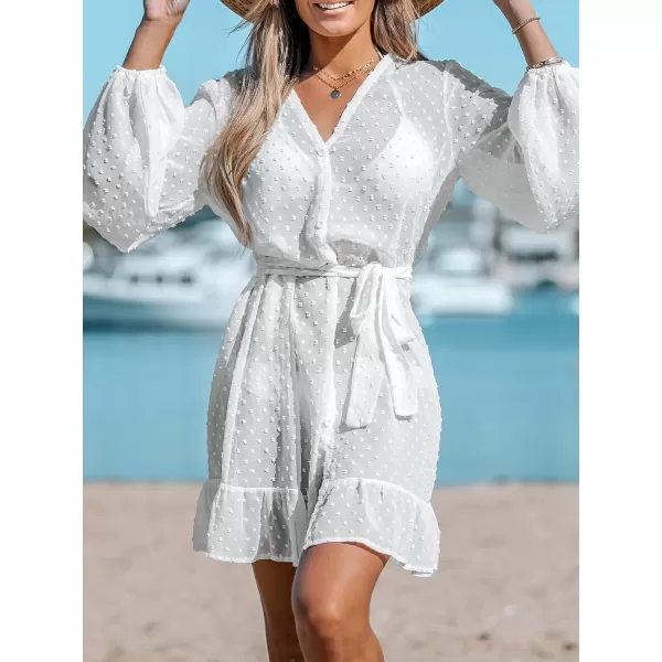 imageCUPSHE Womens Elegant V Neck Bathing Suit Cover Up Button Down Summer Beach Mini Dress with BeltWhite