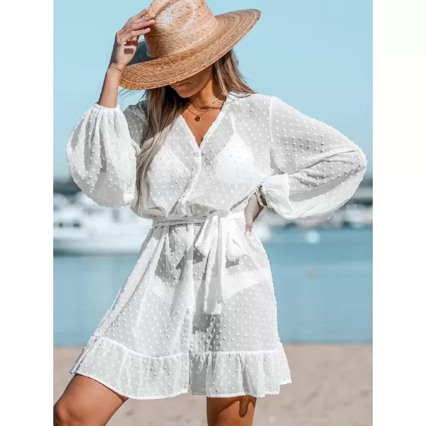 imageCUPSHE Womens Elegant V Neck Bathing Suit Cover Up Button Down Summer Beach Mini Dress with BeltWhite