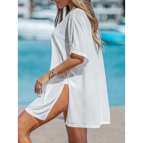 imageCUPSHE Womens Elegant V Neck Bathing Suit Cover Up Summer Swim Coverups with Short SleevesWhite