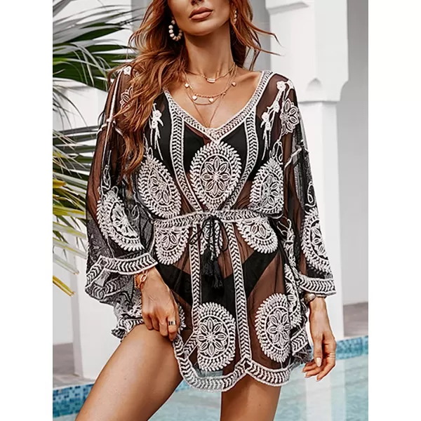 imageCUPSHE Womens Embroidery Crochet Bohemian Cover Up Tie Waist Fringe Beach Cover ups BlackCUPSHE Womens Embroidery Crochet Bohemian Cover Up Tie Waist Fringe Beach Cover ups Black