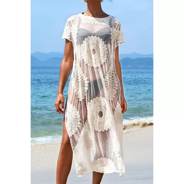 imageCUPSHE Womens Embroidery Mesh Ankle Length Cover up BeigeCUPSHE Womens Embroidery Mesh Ankle Length Cover up Beige
