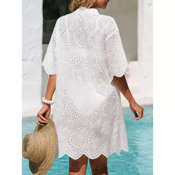 imageCUPSHE Womens Eyelet ButtonFront CoverUp Shirt 34 Sleeve Scalloped Trim Mini DressWhite