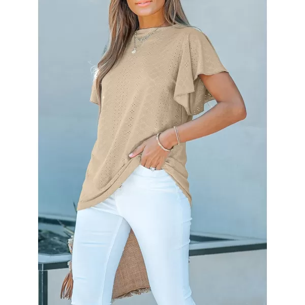 imageCUPSHE Womens Eyelet Tops Ruffle Short Sleeve Round Neck Blouses TShirts Casual Summer TunicsKhaki