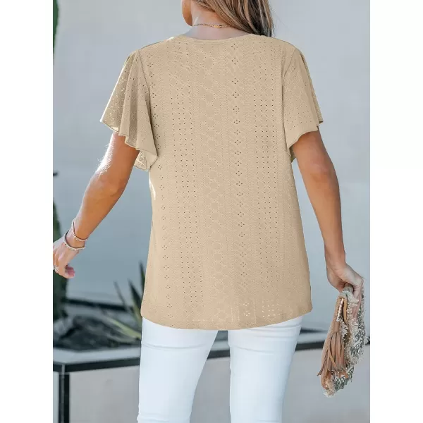imageCUPSHE Womens Eyelet Tops Ruffle Short Sleeve Round Neck Blouses TShirts Casual Summer TunicsKhaki