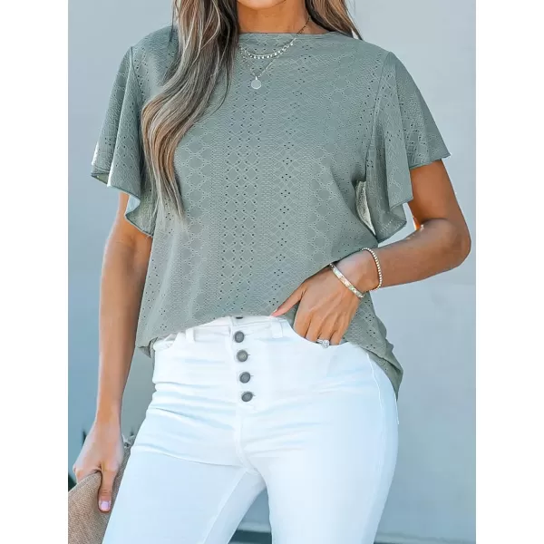 imageCUPSHE Womens Eyelet Tops Ruffle Short Sleeve Round Neck Blouses TShirts Casual Summer TunicsTeal