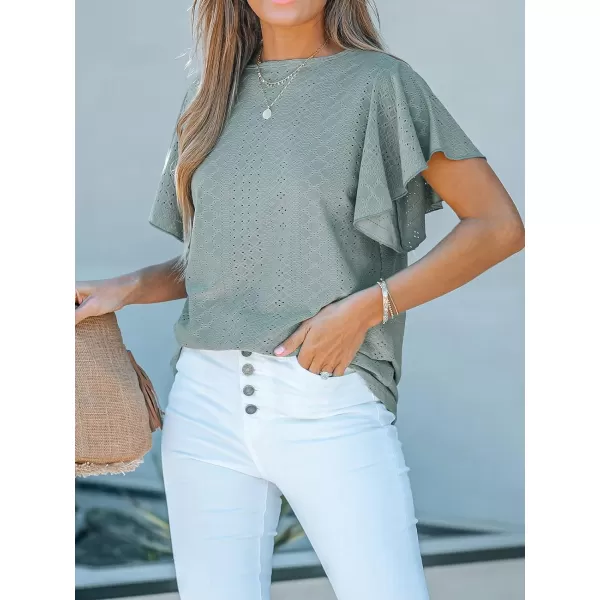 imageCUPSHE Womens Eyelet Tops Ruffle Short Sleeve Round Neck Blouses TShirts Casual Summer TunicsTeal