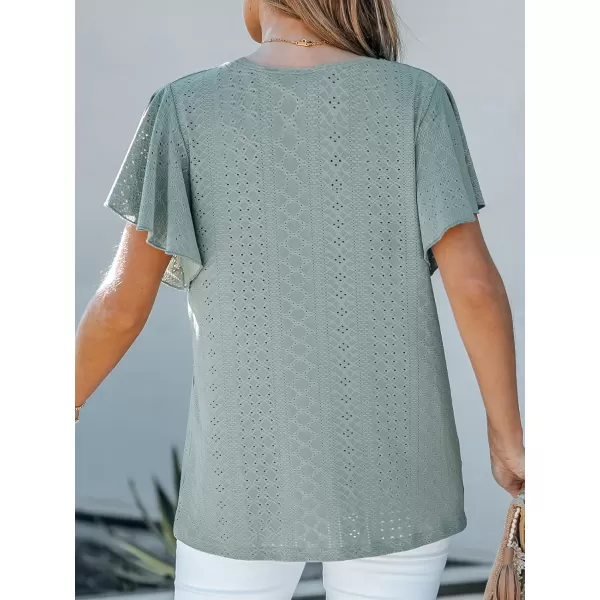 imageCUPSHE Womens Eyelet Tops Ruffle Short Sleeve Round Neck Blouses TShirts Casual Summer TunicsTeal