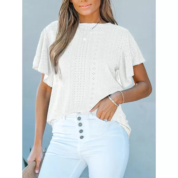 imageCUPSHE Womens Eyelet Tops Ruffle Short Sleeve Round Neck Blouses TShirts Casual Summer TunicsWhite