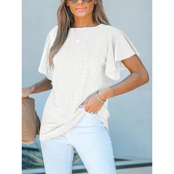 imageCUPSHE Womens Eyelet Tops Ruffle Short Sleeve Round Neck Blouses TShirts Casual Summer TunicsWhite