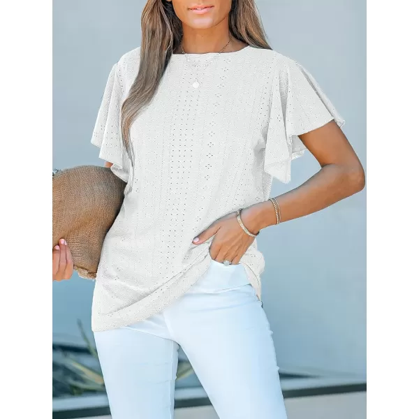 imageCUPSHE Womens Eyelet Tops Ruffle Short Sleeve Round Neck Blouses TShirts Casual Summer TunicsWhite