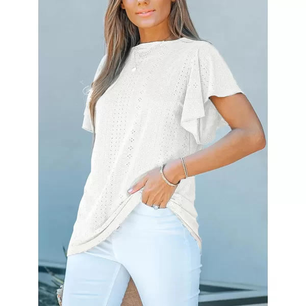 imageCUPSHE Womens Eyelet Tops Ruffle Short Sleeve Round Neck Blouses TShirts Casual Summer TunicsWhite