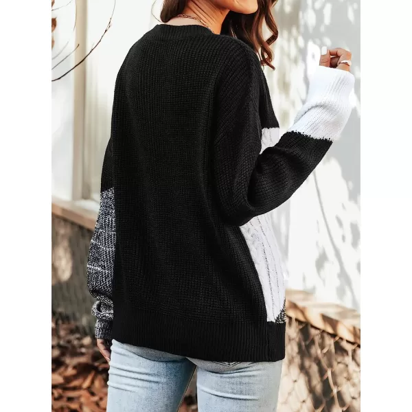 imageCUPSHE Womens Fall Round Neck Sweater Color Block Knit Winter Pullover with Ribbed TrimBlack
