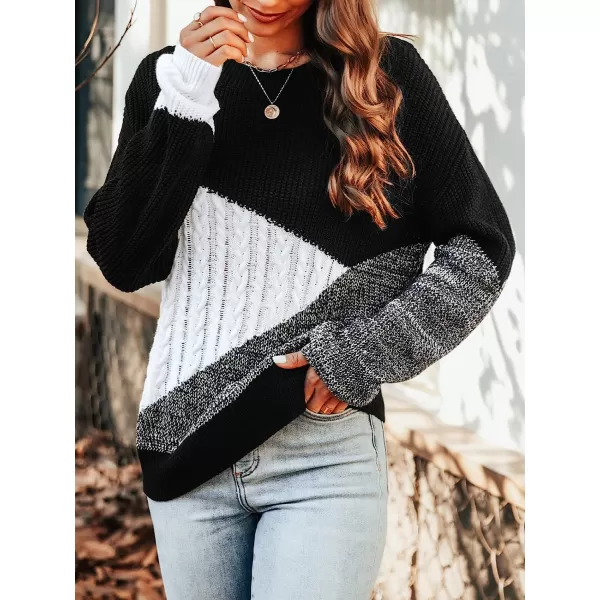 imageCUPSHE Womens Fall Round Neck Sweater Color Block Knit Winter Pullover with Ribbed TrimBlack