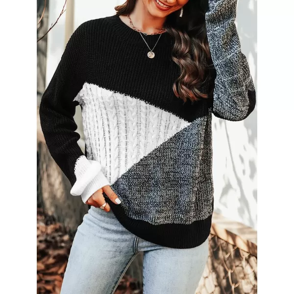imageCUPSHE Womens Fall Round Neck Sweater Color Block Knit Winter Pullover with Ribbed TrimBlack