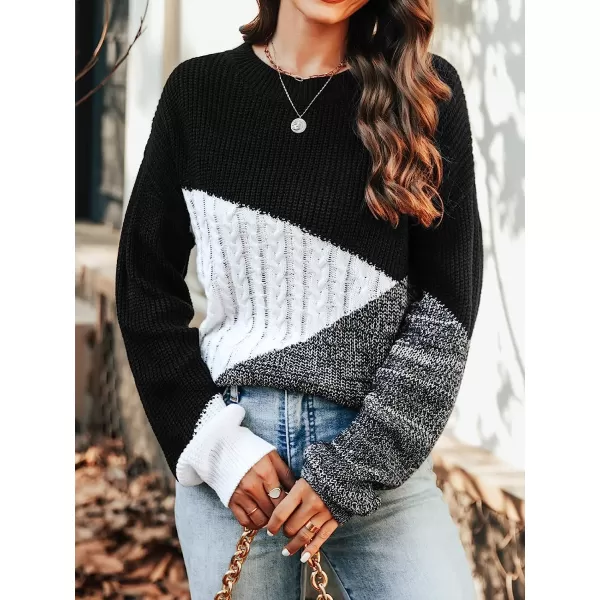 imageCUPSHE Womens Fall Round Neck Sweater Color Block Knit Winter Pullover with Ribbed TrimBlack