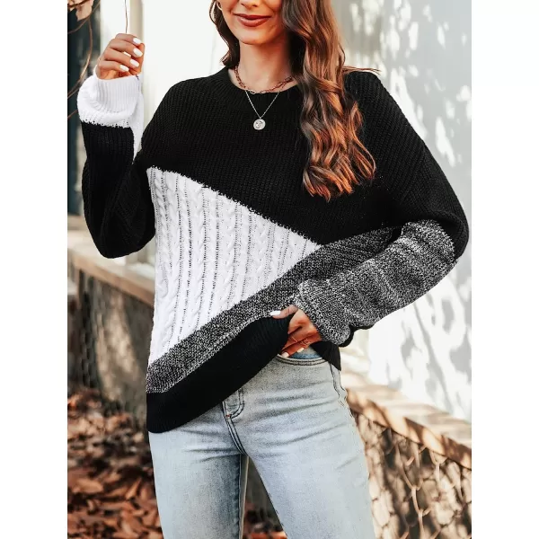 imageCUPSHE Womens Fall Round Neck Sweater Color Block Knit Winter Pullover with Ribbed TrimBlack