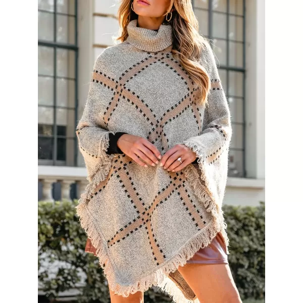 imageCUPSHE Womens Fall Winter Turtleneck Poncho Cape Sweater Plaid Fashion Chunky Knit Sweaters Pullover Jumper TopsKhaki