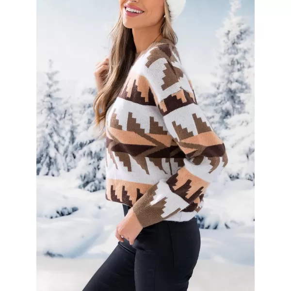 imageCUPSHE Womens Fashion Boat Neck Long Sleeve Ethnic Ribbed Knit Loose Pullover Sweater TopsBrown