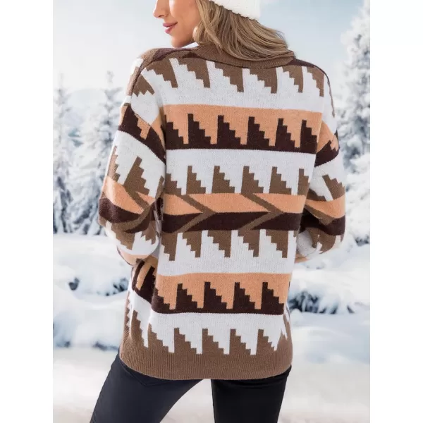 imageCUPSHE Womens Fashion Boat Neck Long Sleeve Ethnic Ribbed Knit Loose Pullover Sweater TopsBrown