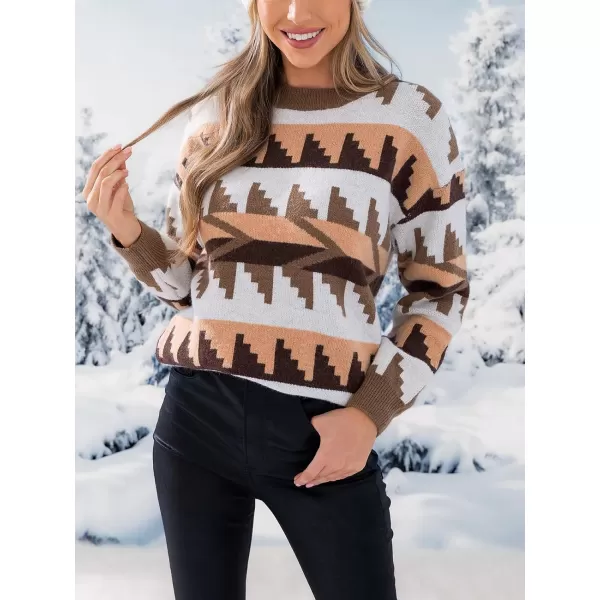 imageCUPSHE Womens Fashion Boat Neck Long Sleeve Ethnic Ribbed Knit Loose Pullover Sweater TopsBrown