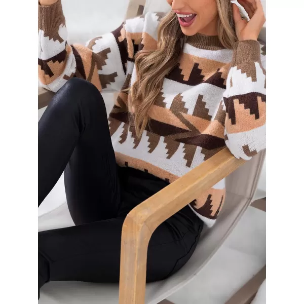 imageCUPSHE Womens Fashion Boat Neck Long Sleeve Ethnic Ribbed Knit Loose Pullover Sweater TopsBrown