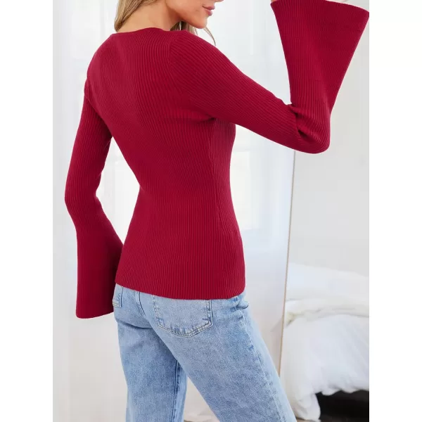 imageCUPSHE Womens Fashion Fall Clothes Heart Cutout Tops Long Bell Sleeve Crewneck Rib Knit Winter Pullover SweaterBurgundy