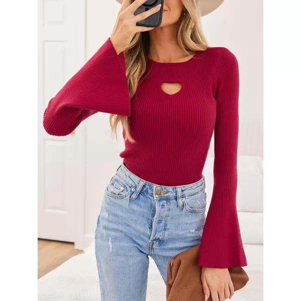 imageCUPSHE Womens Fashion Fall Clothes Heart Cutout Tops Long Bell Sleeve Crewneck Rib Knit Winter Pullover SweaterBurgundy