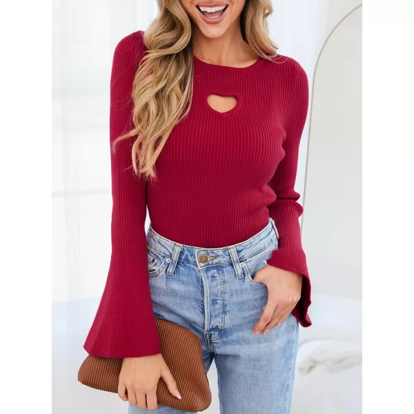 imageCUPSHE Womens Fashion Fall Clothes Heart Cutout Tops Long Bell Sleeve Crewneck Rib Knit Winter Pullover SweaterBurgundy