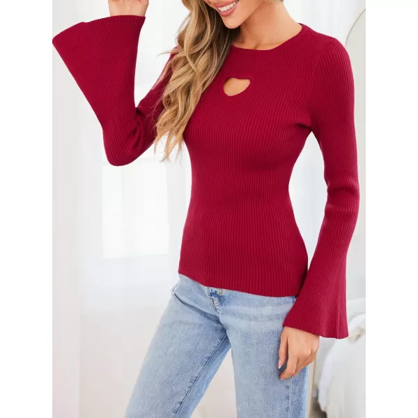 imageCUPSHE Womens Fashion Fall Clothes Heart Cutout Tops Long Bell Sleeve Crewneck Rib Knit Winter Pullover SweaterBurgundy