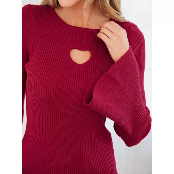 imageCUPSHE Womens Fashion Fall Clothes Heart Cutout Tops Long Bell Sleeve Crewneck Rib Knit Winter Pullover SweaterBurgundy