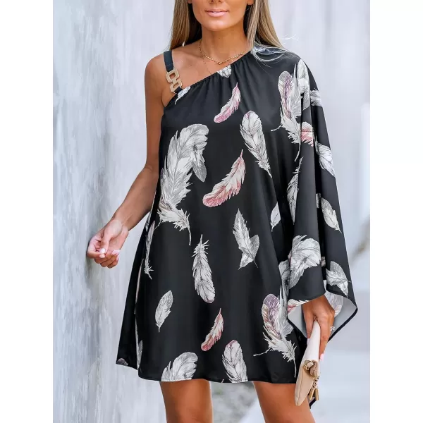 imageCUPSHE Womens Feather Print OneShoulder Mini Dress with Single Dolman SleeveBlack Floral