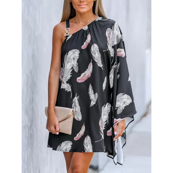 imageCUPSHE Womens Feather Print OneShoulder Mini Dress with Single Dolman SleeveBlack Floral