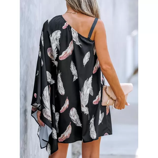 imageCUPSHE Womens Feather Print OneShoulder Mini Dress with Single Dolman SleeveBlack Floral