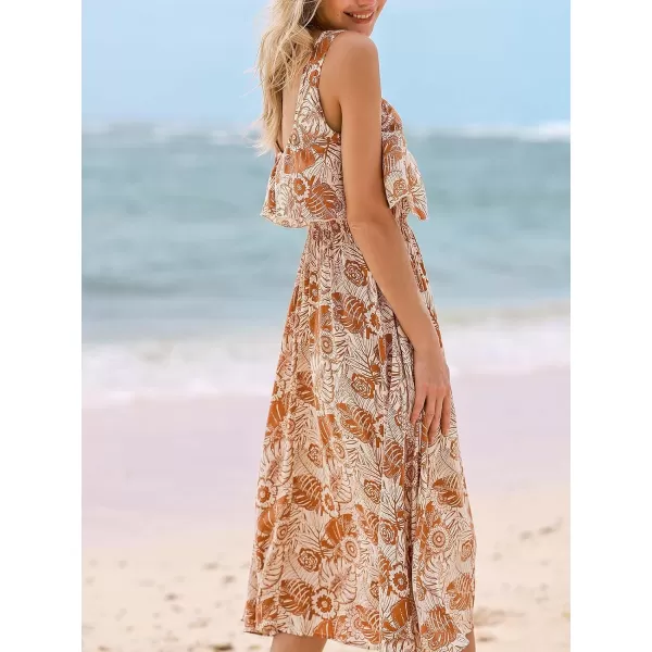 imageCUPSHE Womens Floral Backless Beach Dress Ruffle Tropical Sleeveless Scoop Neck Maxi Summer DressesBurnt Orange