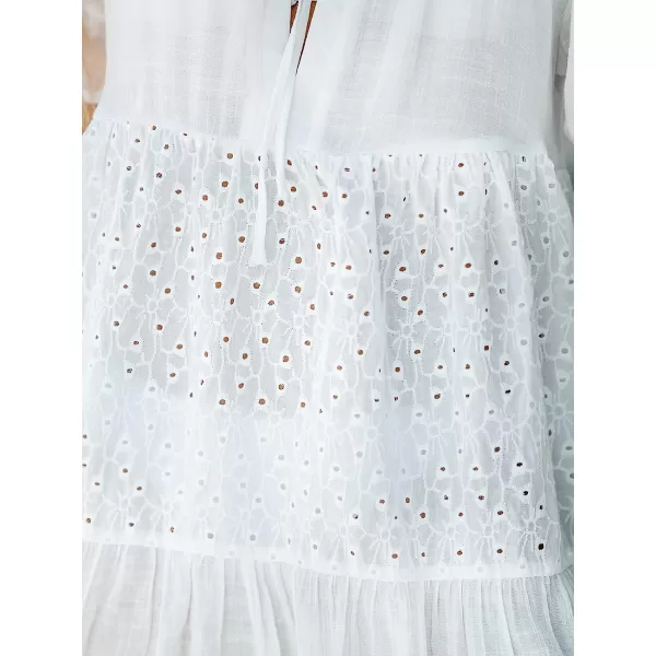 imageCUPSHE Womens Floral Eyelet Tie Neck Babydoll Dress Cover up VNeck Dropped Short Sleeves Mini DressWhite