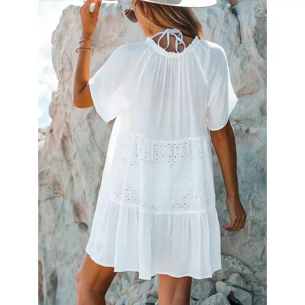 imageCUPSHE Womens Floral Eyelet Tie Neck Babydoll Dress Cover up VNeck Dropped Short Sleeves Mini DressWhite