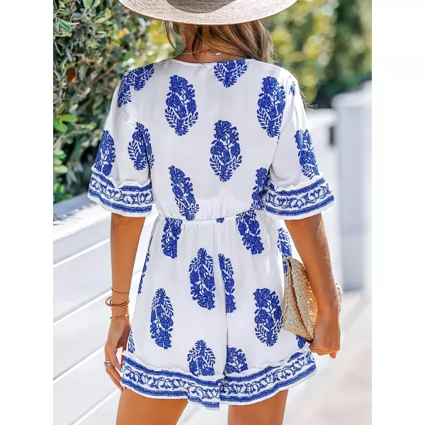 imageCUPSHE Womens Floral Geo Print Knotted Romper Short Sleeves Jumpsuits Wide leg OutfitBlue