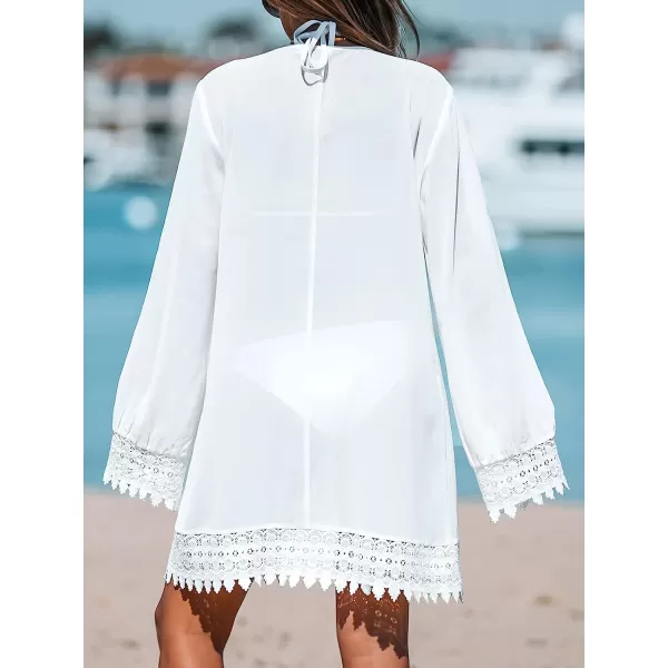 imageCUPSHE Womens Floral Lace Open Front Cover Up Dress Long Sleeve Kimono Mini DressWhite